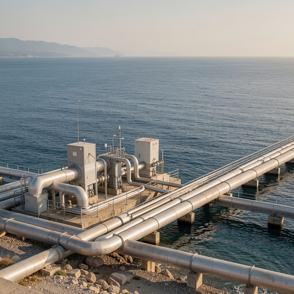 Akdeniz kıyısında enerji terminali boruları ve sakin deniz ufku, hiçbir insan olmayan görüntü