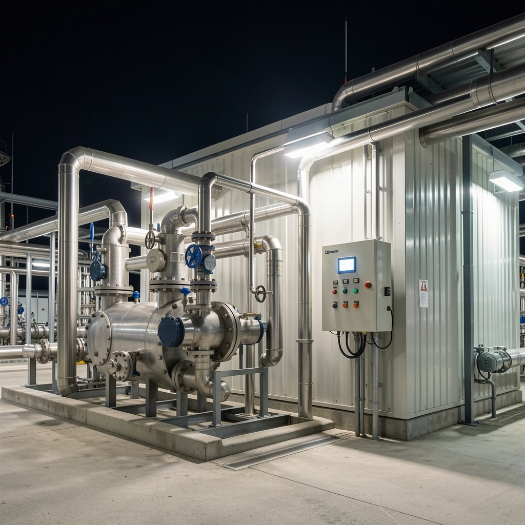Doğalgaz kompresör istasyonunun gece aydınlatmalı dış görünümü, metal borular ve kontrol paneli, insansız tesis