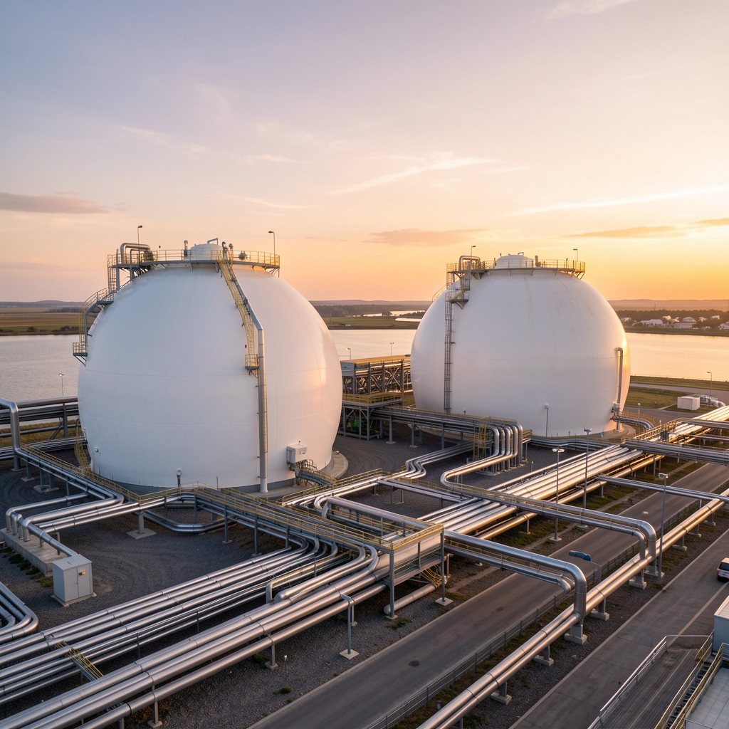 LNG terminalindeki büyük küresel depolama tankları ve boru bağlantıları, gün batımında insansız endüstriyel manzara