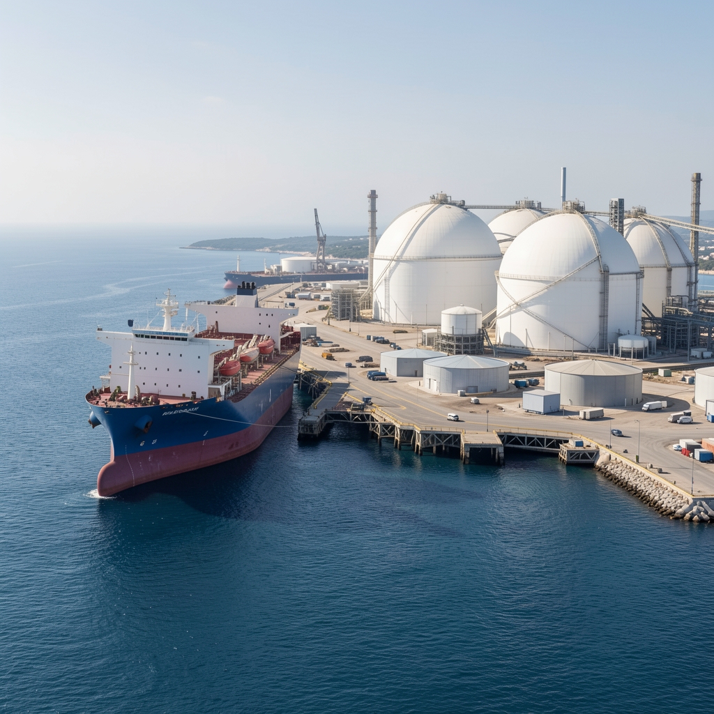 Kıyı şeridinde LNG gemisinin yanaştığı terminal iskelesi ve büyük küresel depolama tankları, insansız endüstriyel manzara