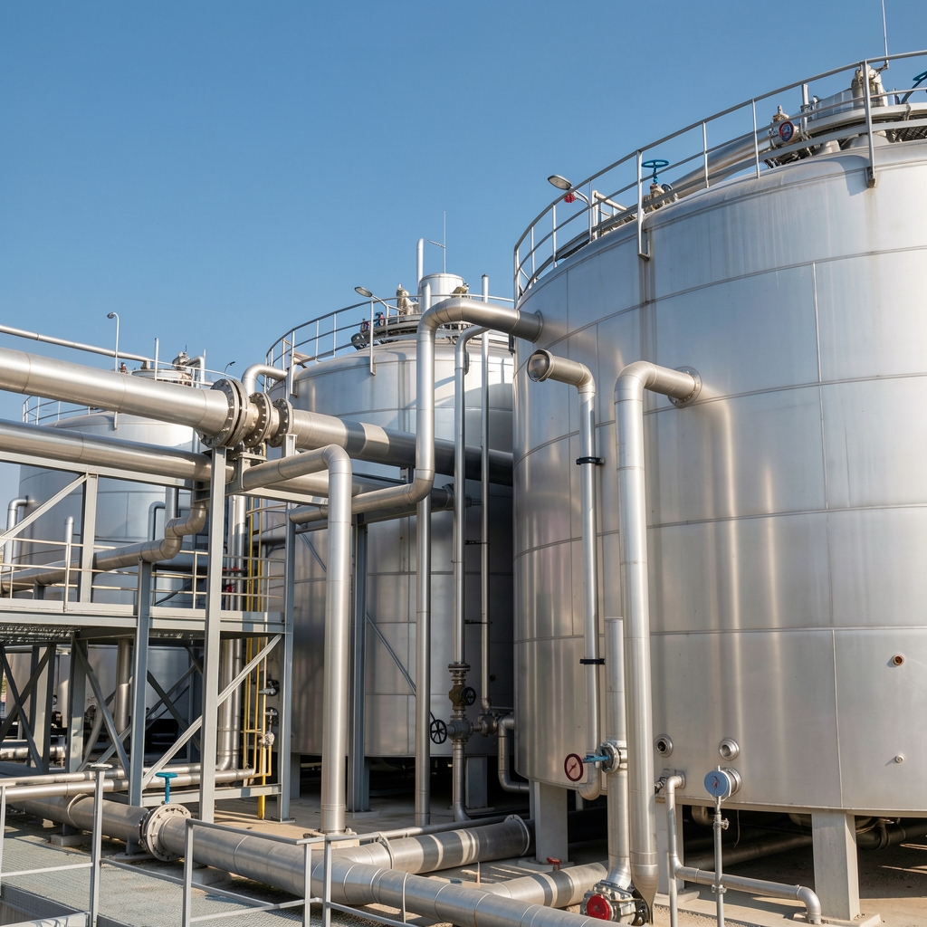 Büyük yer altı doğalgaz depolama tesisinin boru bağlantıları ve metal tankları, açık gökyüzü altında insansız görüntü