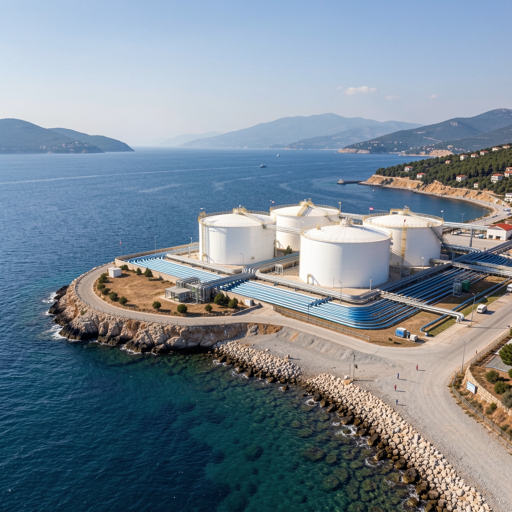 Deniz kıyısında LNG terminali depolama tankları ve boru bağlantıları, insan olmayan Türkiye manzarası